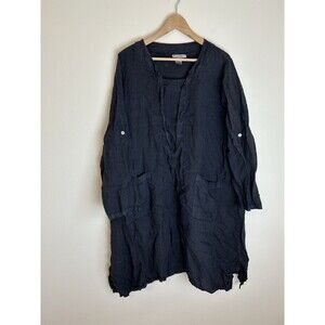 Le Paris Tunic Dress Large L Lagenlook Linen Pockets USA Black Shift Swing